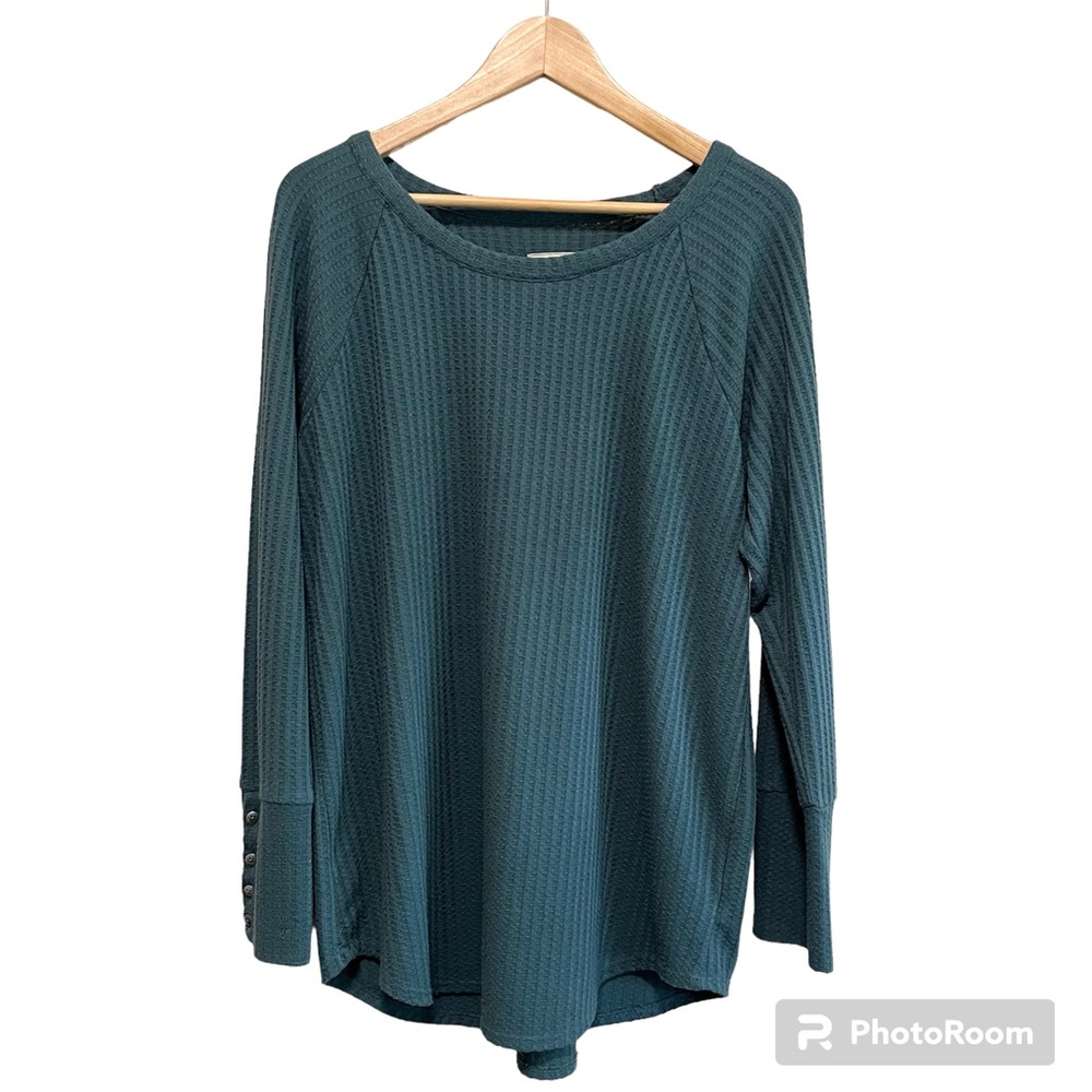 Chaser Waffle Thermal Long Sleeve Top | Button Sleeve Cuff Turquoise Green